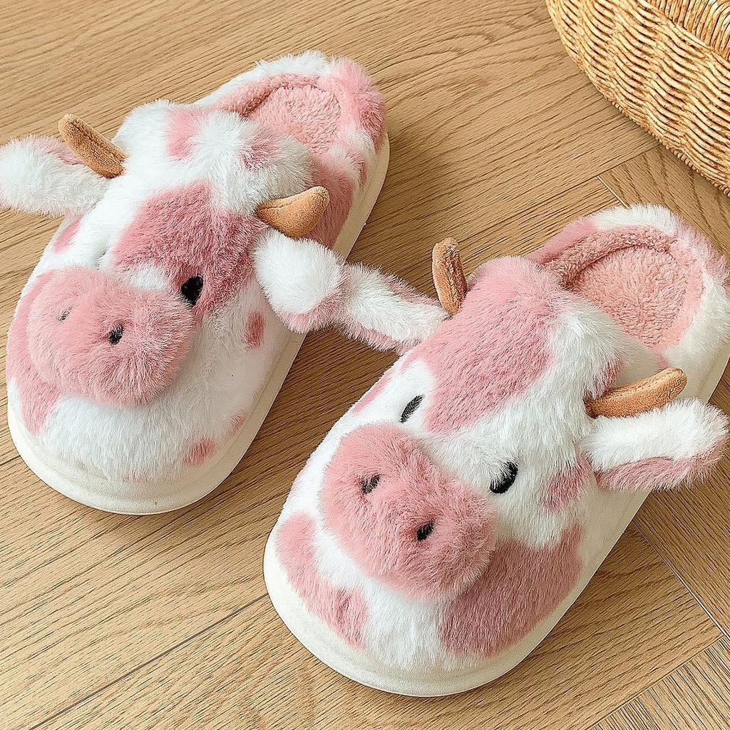 Fashion Women's Plush Slippers Winter Warm Cartoon Cow Slippers Closed Toe Non Slip Furry House Shoes Women Indoor Bedroom Slippers