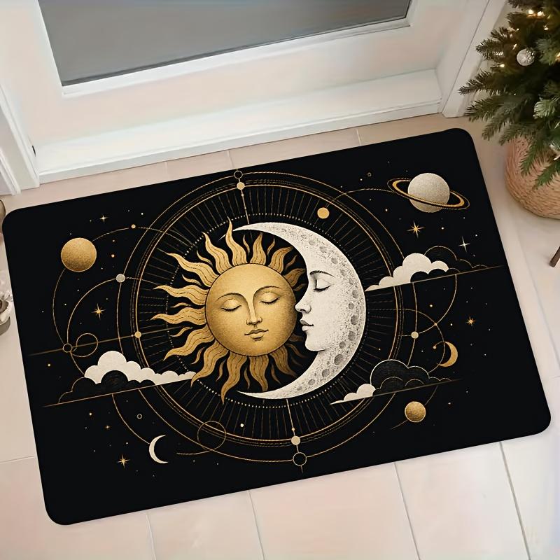 1pc Retro Sun Stars Zodiac Style Flannel Mat Home Entrance Bathroom Doorway Anti-Slip Water-Absorbing Foot Mat Bedroom Bedside Dust-Proof Carpet