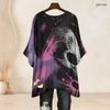 Women Plus Size Round Neck Batwing Sleeve Loose Skull Printed Top Black Purple Pink Side Slit Hem