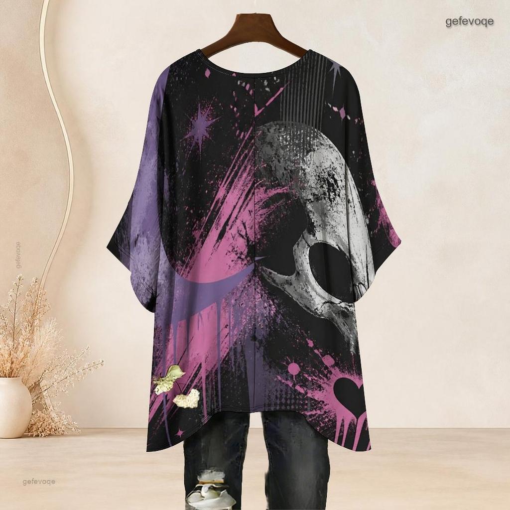 Women Plus Size Round Neck Batwing Sleeve Loose Skull Printed Top Black Purple Pink Side Slit Hem