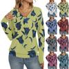 Women's Casual Fashion V-Neck Raglan Pleated Floral Print Long Sleeve Top