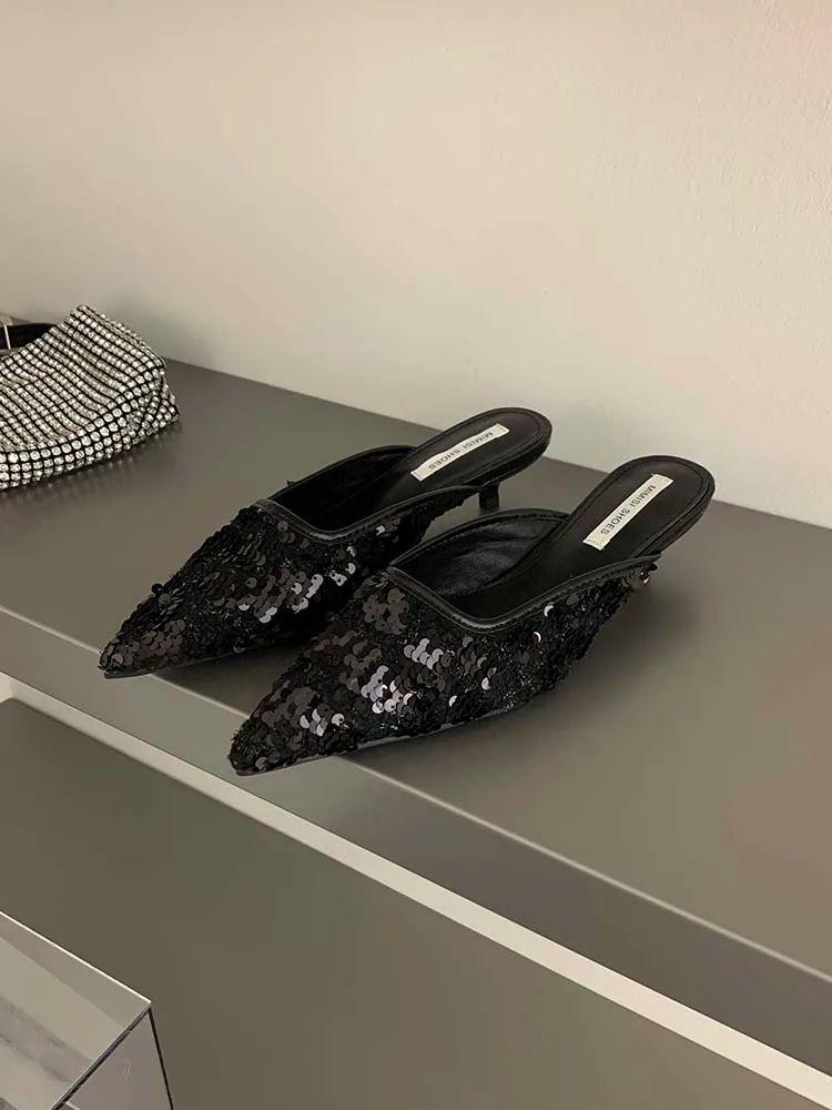 Fashion Fashion Women Slides Slippers Pointed Toe Sequined Cloth Party Dress Shoes Thin Low Heeled Black White Pink Fashion Dress Shoes