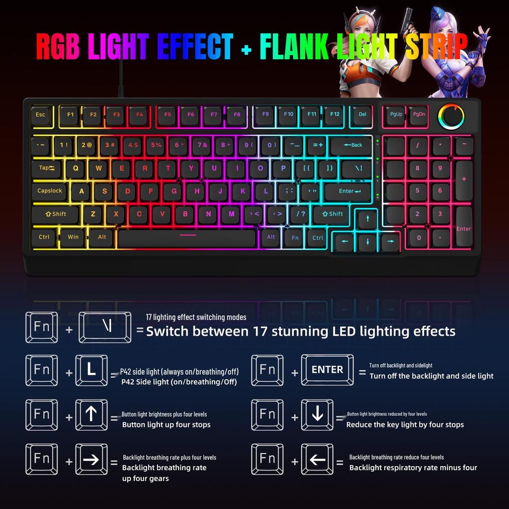 K98 Mechanical Keyboard with Blue or Red Axis, Wired Connection, Dual-Color Injection Keycaps for Gaming