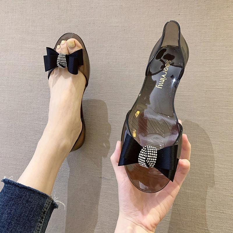 Fashion Ballet Flats Sandals Women Shoes with Bow PVC Jelly Sandals Summer 2025 Elegant Fashion Beach Ladies Slippers Beach Casual Shoes