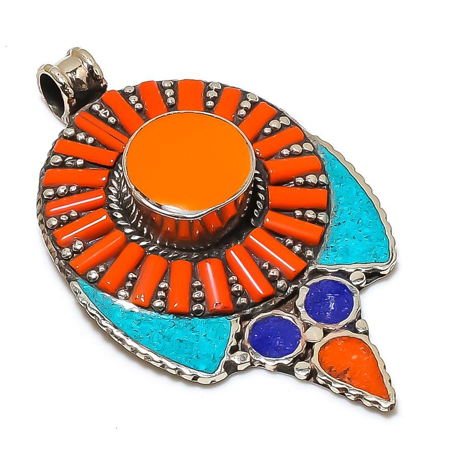 Натуральный Тибетский Бирюзовый, Коралловый Камень Ручной Работы Ювелирное Изделие Подвеска 2.88" NP-85