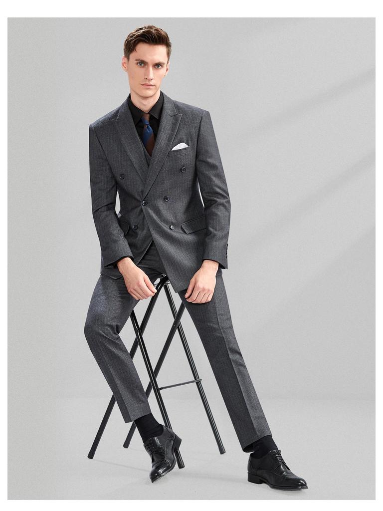 Мужской приталенный двубортный серый костюм в полоску - Британский стиль, деловой кэжуал/формальный смокинг для жениха или свадьбы.