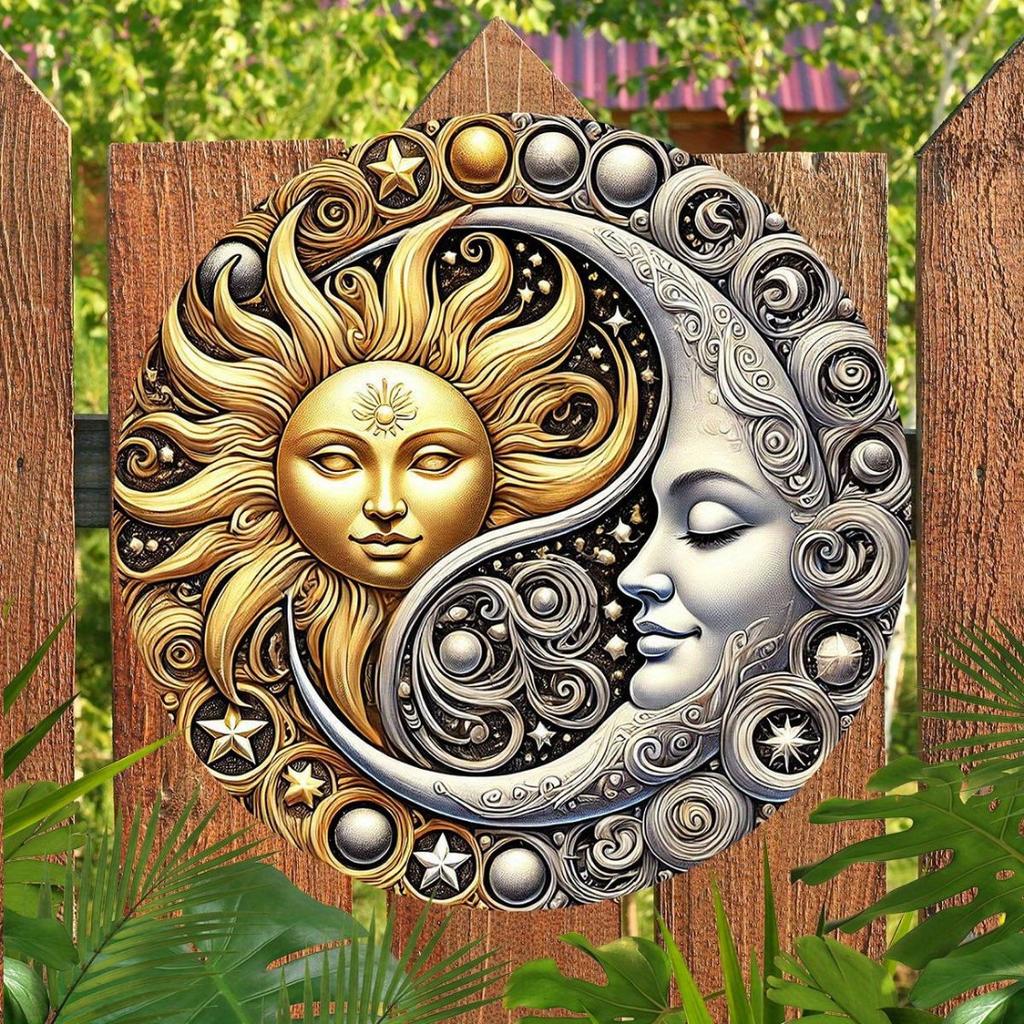 Металлический настенный декор Солнце и Луна - Двухцветный небесный дизайн, Прочный железный декор для дома, Садовое украшение|Декор на небесную тематику