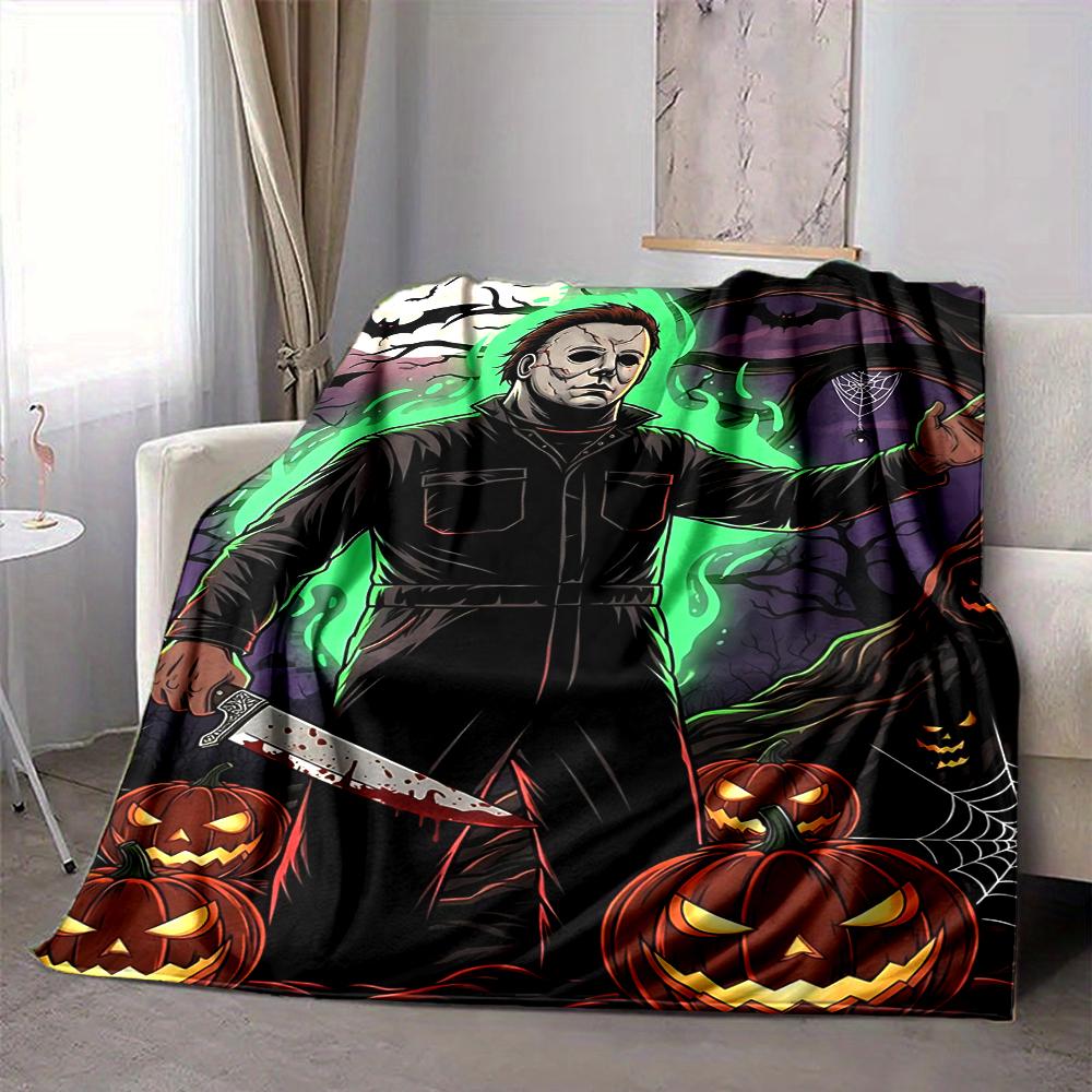 1Pc Halloween Horror Icon Flannel Blanket, Soft And Comfortable, Casual Warm, Camping Travel, Christmas, Halloween Xmas Gift N1333