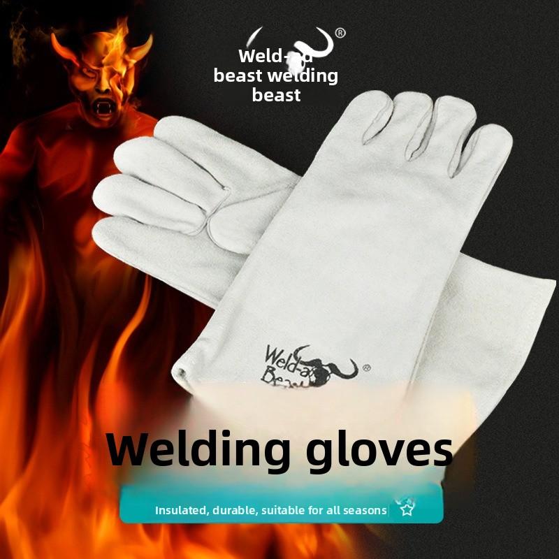Сварочные перчатки Welding beast - удлиненные, полностью кожаные. прочная коровья кожа, термостойкая