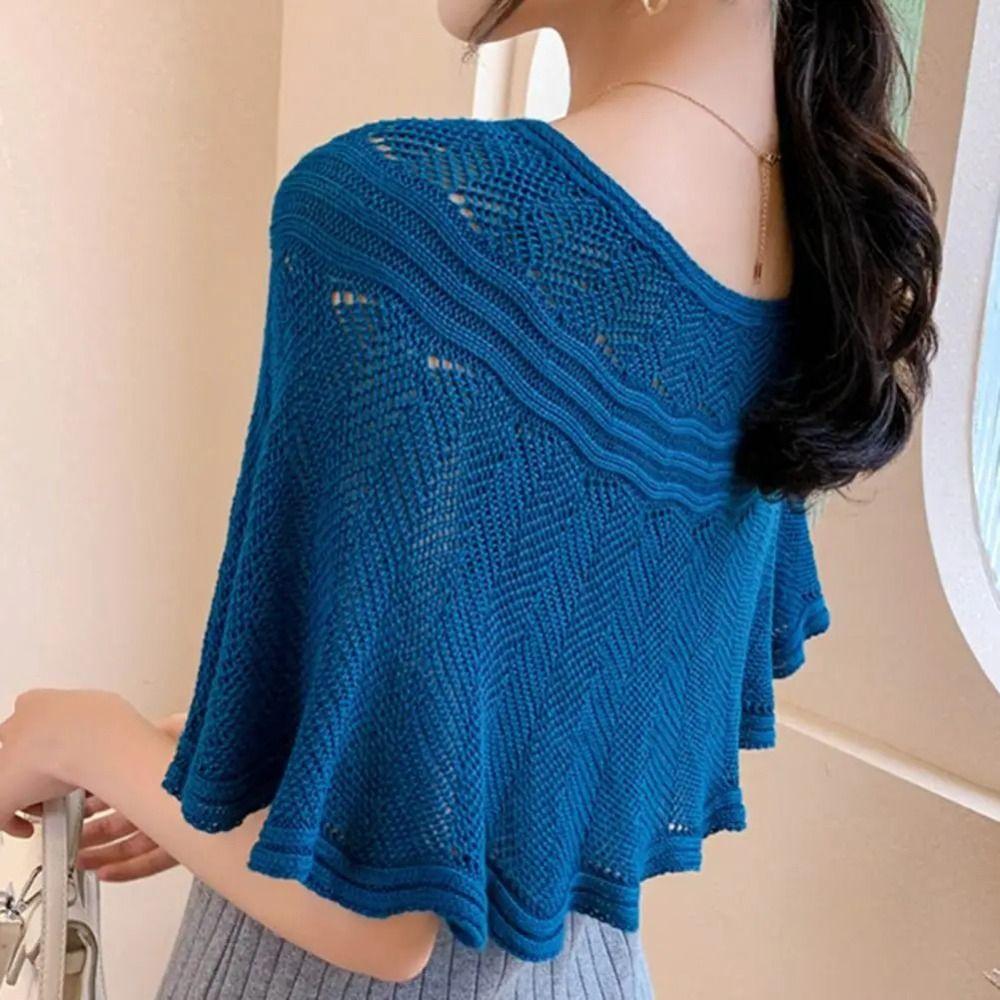 Breathable Knitted Shawl Solid Color Sunscreen Blouse Pullover Neck Guard Cloak Scarf Spring