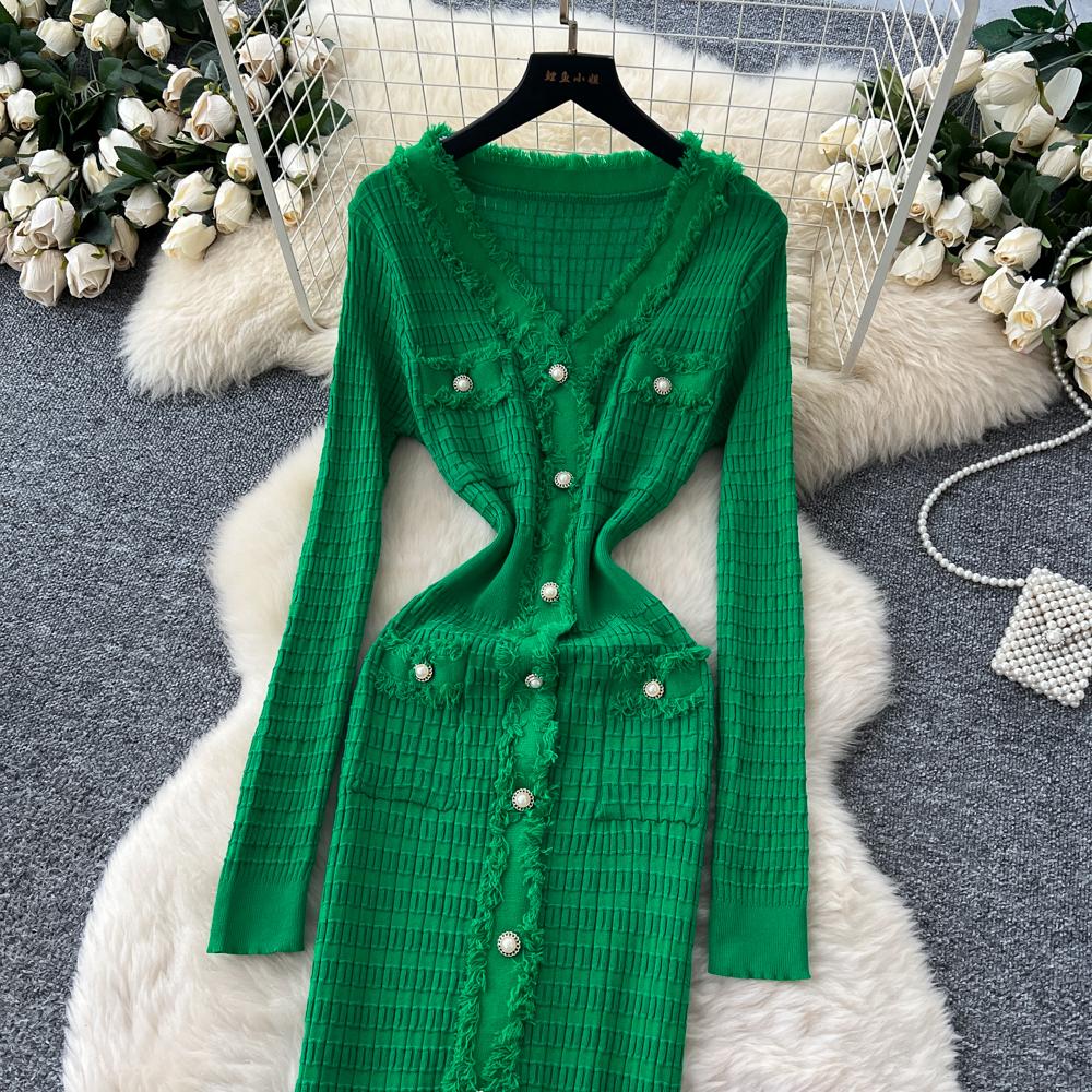 Новые женские платья Осень Зима Винтажное лоскутное вязаное миди-платье Элегантное платье-рубашка-свитер с V-образным вырезом и оборками