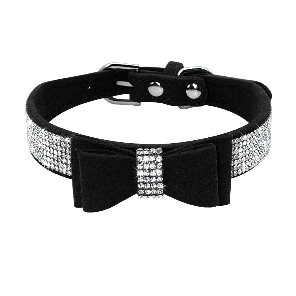 Small Medium Bling Rhinestone Suede Leather Bowknot Accessories Dog Collar Adjustable Pet Puppy Kitten Pug Necklace Collars