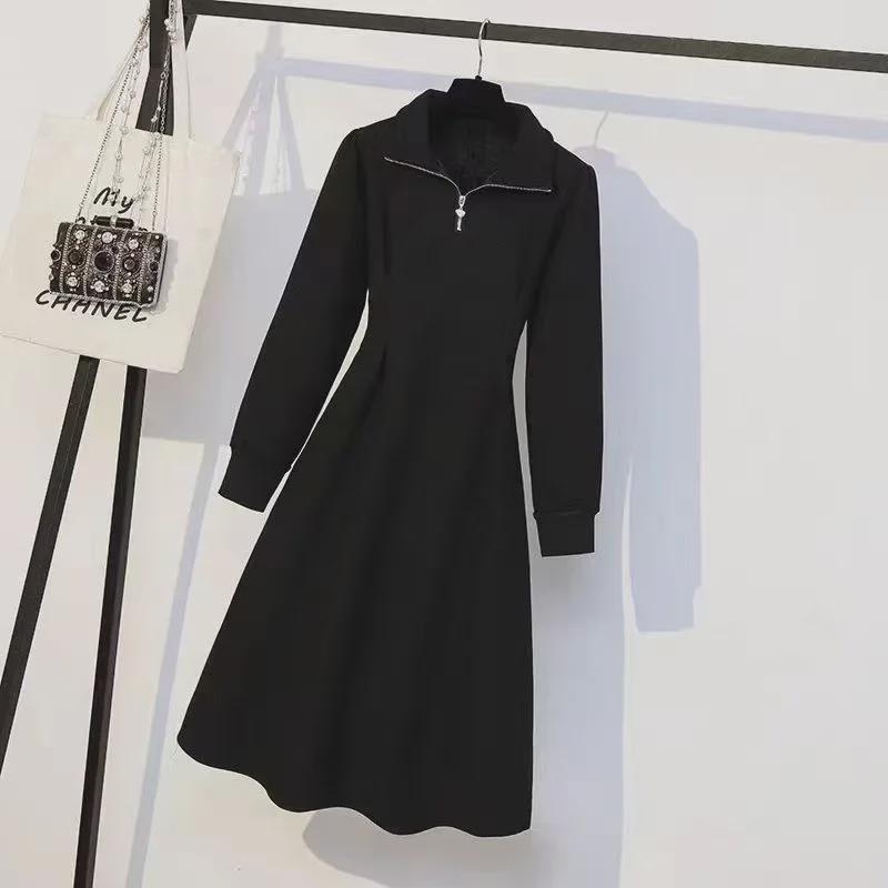 Женское платье-свитер на молнии в корейском стиле больших размеров - плотный бархат, однотонный, повседневная длинная юбка на осень/зиму