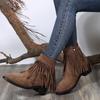Модные женские сапоги в стиле ковбой с кисточками, осень-зима, модные, с острым носком, джинсовые ботильоны, женские, на высоком каблуке, плиссированные, в стиле вестерн