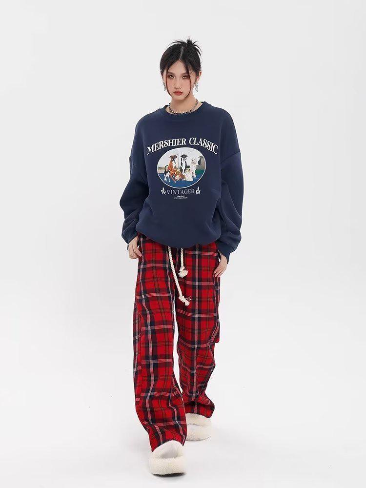 Женские брюки широкого кроя в красную клетку - повседневный осенне-зимний спортивный стиль