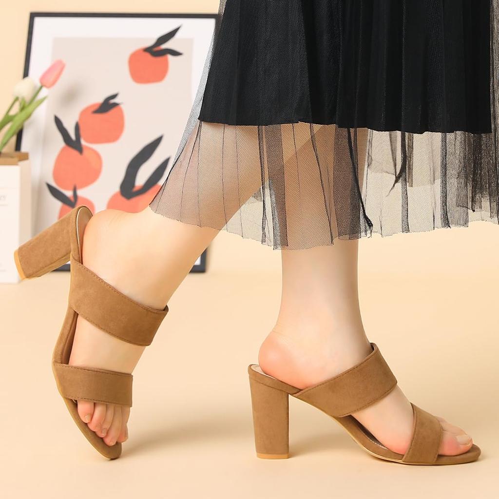 Женские летние шлепанцы-мюли Allegra K на блочном каблуке с открытым носком, цвет верблюжий, размер 23,5 см