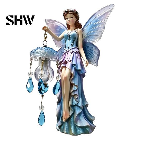 Healing Home Aesthetic Decor Fairy Wall Night Light, Resin Elf Sculpture Lantern for Bedroom, 3D Romantic Bedroom Light Hanging Art with Faux Crystal