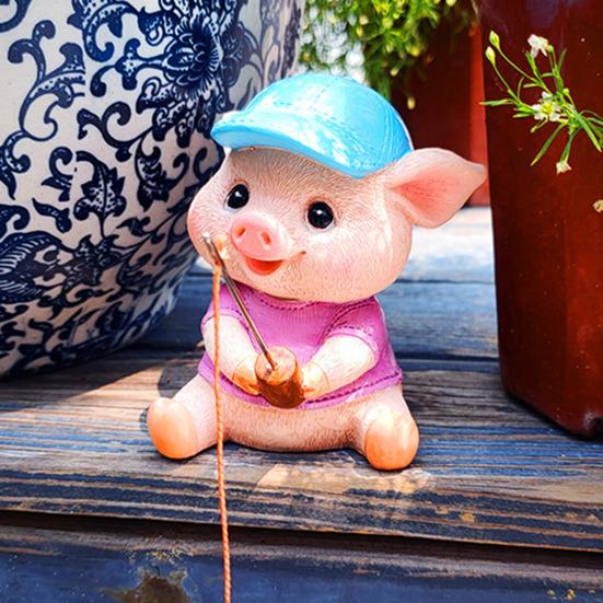 Статуэтка свиньи-рыболова, смоляная мини-статуэтка поросенка, мультяшная скульптура свиньи-рыболова для декора пруда в саду и патио