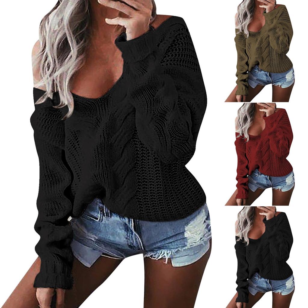 Womens Lady V-neck Sweater Casual Solid Loose Long Sleeve Tops Slim Fit Pullover
