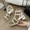 Luxury Rivet Sandals Women's Summer Temperament Fashion One-word Belt Mid-heel High-heeled Open Toe Shoes Designer Sandals