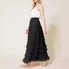 Women Cake Skirt Solid Color Mid-Waist Long Skirt with Elastic Waist Mesh