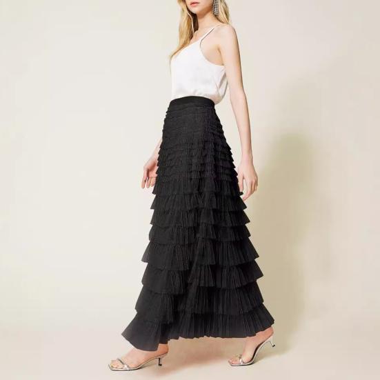 Women Cake Skirt Solid Color Mid-Waist Long Skirt with Elastic Waist Mesh