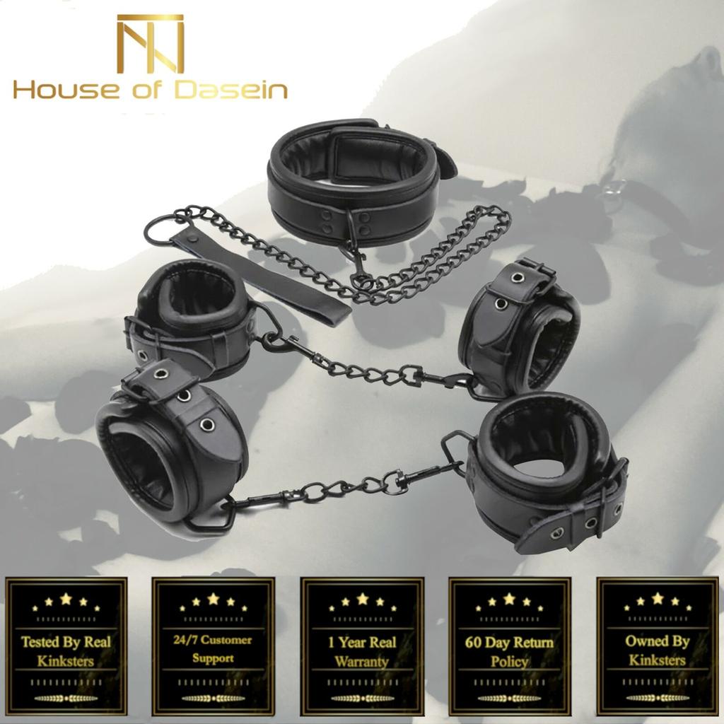 Black Leather Handcuffs Ankle Wrist Cuffs Collar Leash   Restraints Kit Restraint Kits & Sets