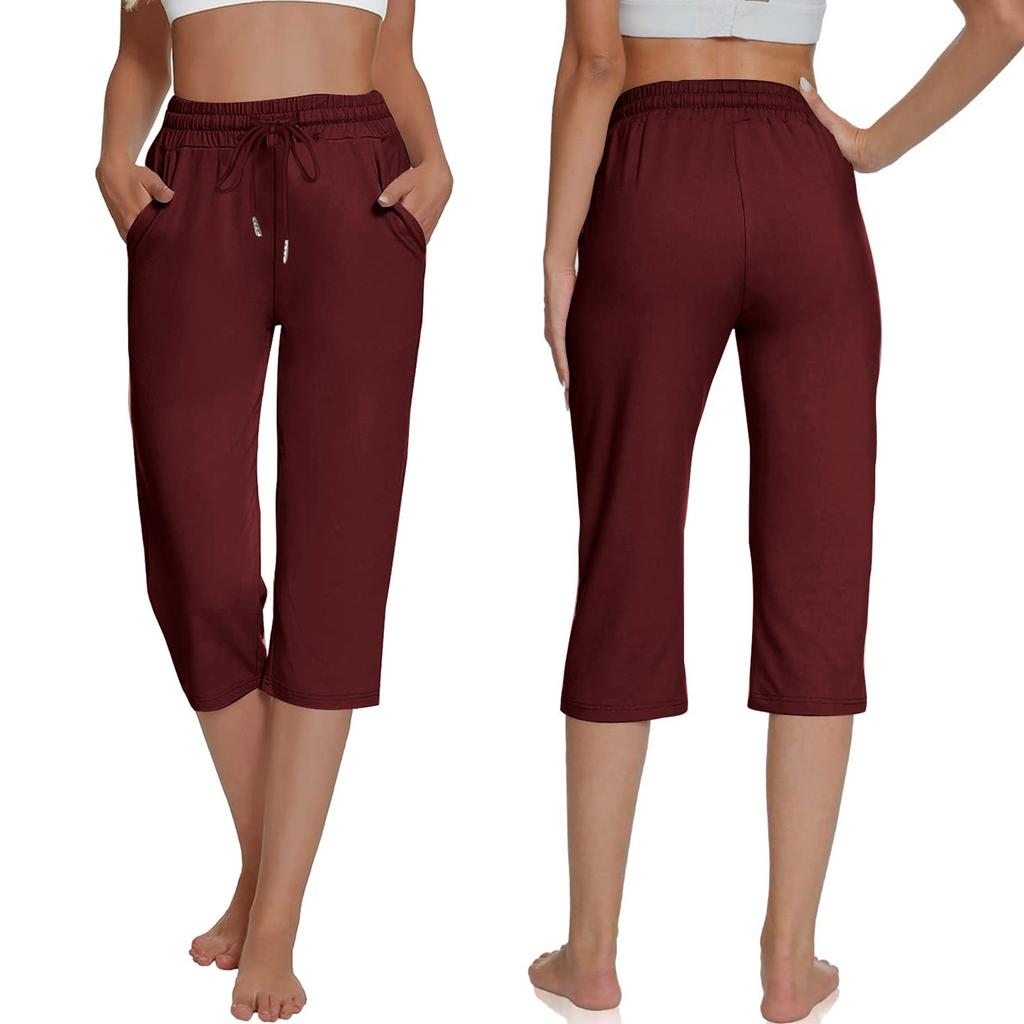Women's Casual Solid Color Pocket Straight Leg Sports Capris Loose Cropped Pants