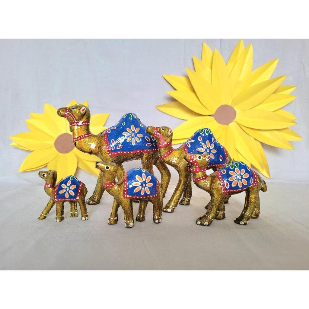 Paper Mache Handcrafted Showpiece Camel Set for Home Decor - Yellow (Set of 5)