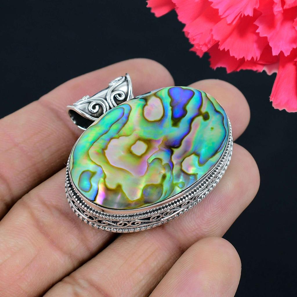 Abalone Shell Gemstone Pendant Solid 925 Sterling Silver Pendant Jewelry Gift For Unisex