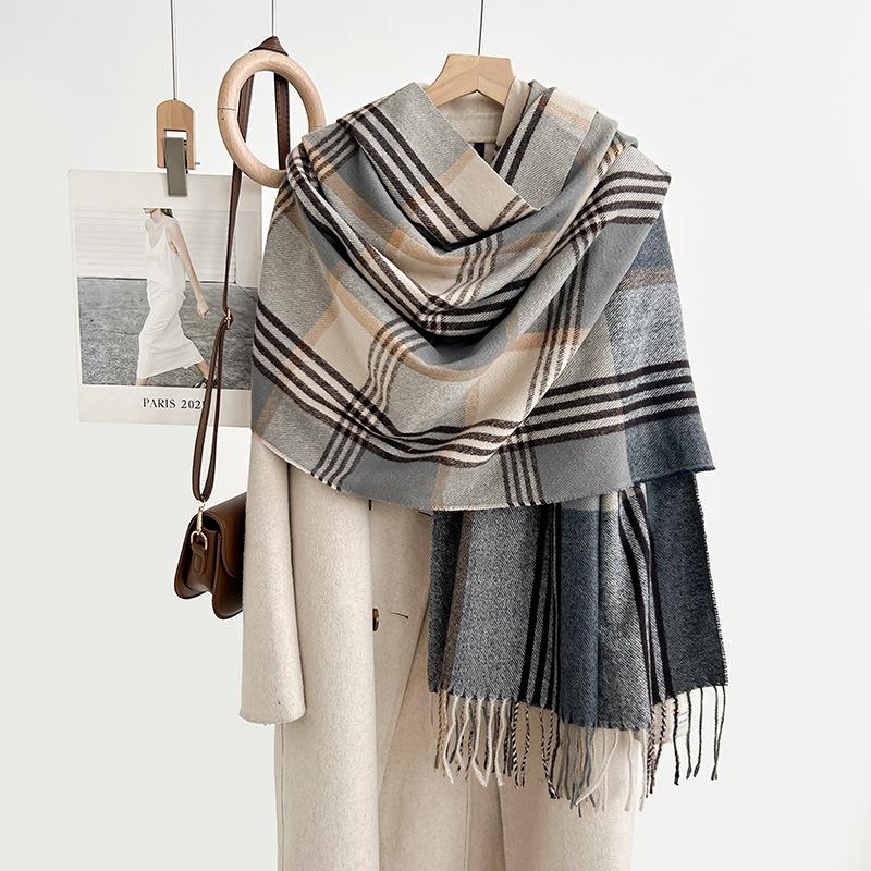 High-end Niche Striped Plaid Warm Scarf Autumn and Winter Couple Fashion Trend Imitation Cashmere Fringed Shawl