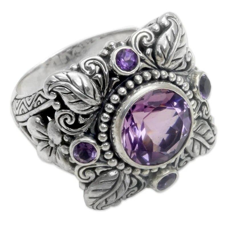 New Luxury Amethyst Ring European and American Retro Imitation Thai Silver Tree Leaf Flower Ring