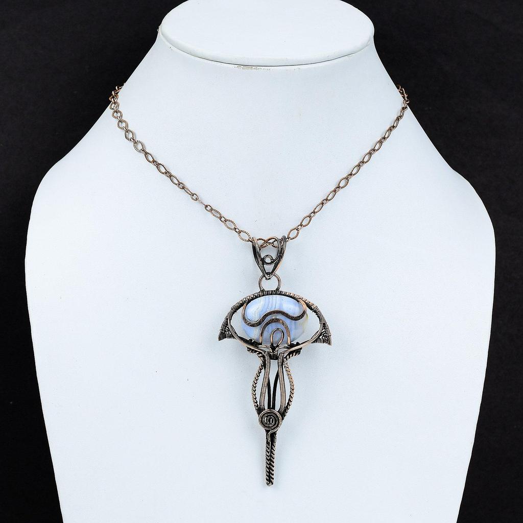 Голубой кружевной агатовый кулон, медная проволочная обертка, ювелирное изделие, натуральный драгоценный камень, проволочная обертка, кулон ручной работы в стиле бохо, медный кулон для подарка