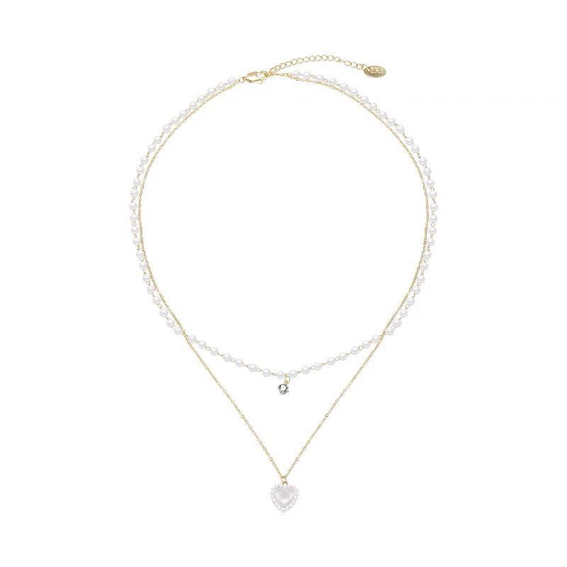 Summer Pearl Double Layer Heart Necklace - Women's Luxurious Layered Clavicle Chain Choker