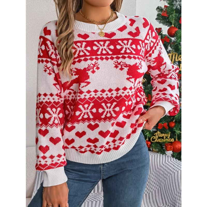 Autumn and Winter Christmas Fawn Pattern Women's Long-sleeved Pullover Sweater, Warm and Comfortable Women's Tops In a Festive Atmosphere