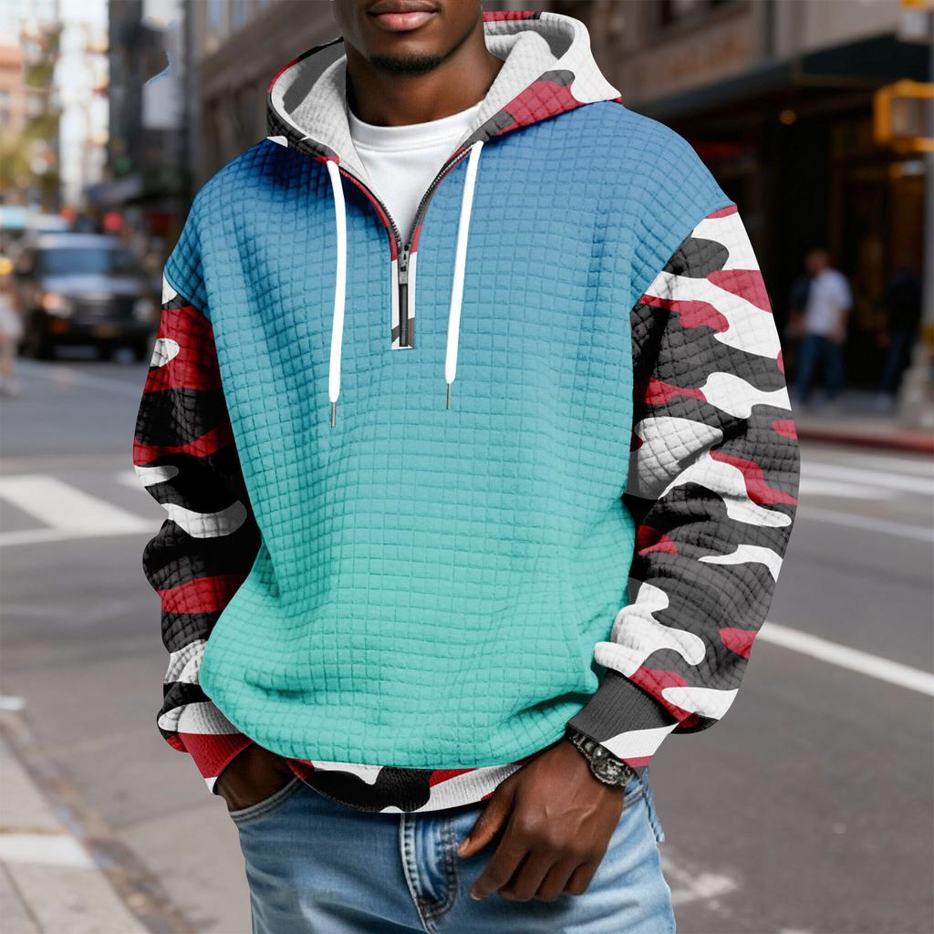 Мужской худи-пуловер в клетку с капюшоном на молнии до середины, со шнурком и принтом, повседневная спортивная толстовка