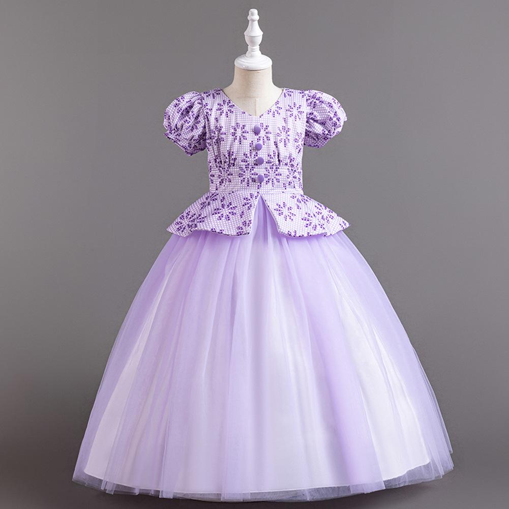 Children's Princess Dresses Thousand Birdie Patchwork Mesh Puffy Long Bubble Sleeve Girls' Stage Performance Dresses Girl's Favourite Dress