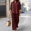Women's Cotton Linen 2 Piece Set Casual Lapel V Neck Short Sleeve Top Wide Leg Pants Set Summer Loose Lounge Outfits