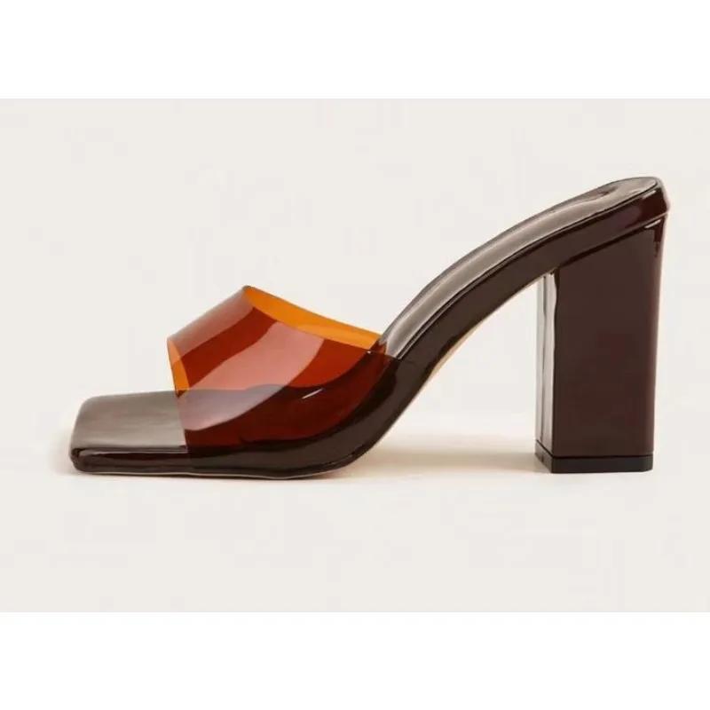 Тапочки с треугольным необычным каблуком и квадратным носком из лакированной кожи, сексуальные модные женские туфли, слайдеры, зеленые, однотонные, летние, новые, для отдыха на природе