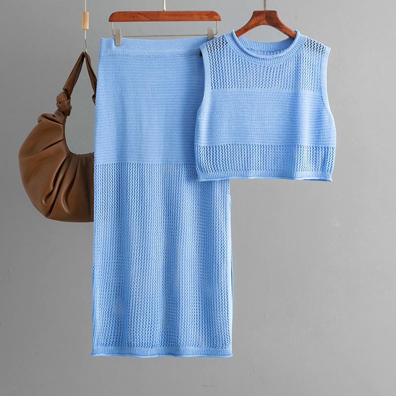 Slim-fit Hollow Sleeveless Vest Set, Summer New Knitted Slit Skirt Two-piece Set