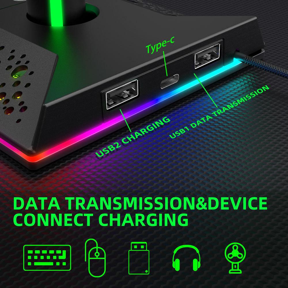 Lanxinda EB05 Gaming Headset Stand with RGB Lighting Dual USB and Type-C Ports Touch Control Holiday Lights ABS Material