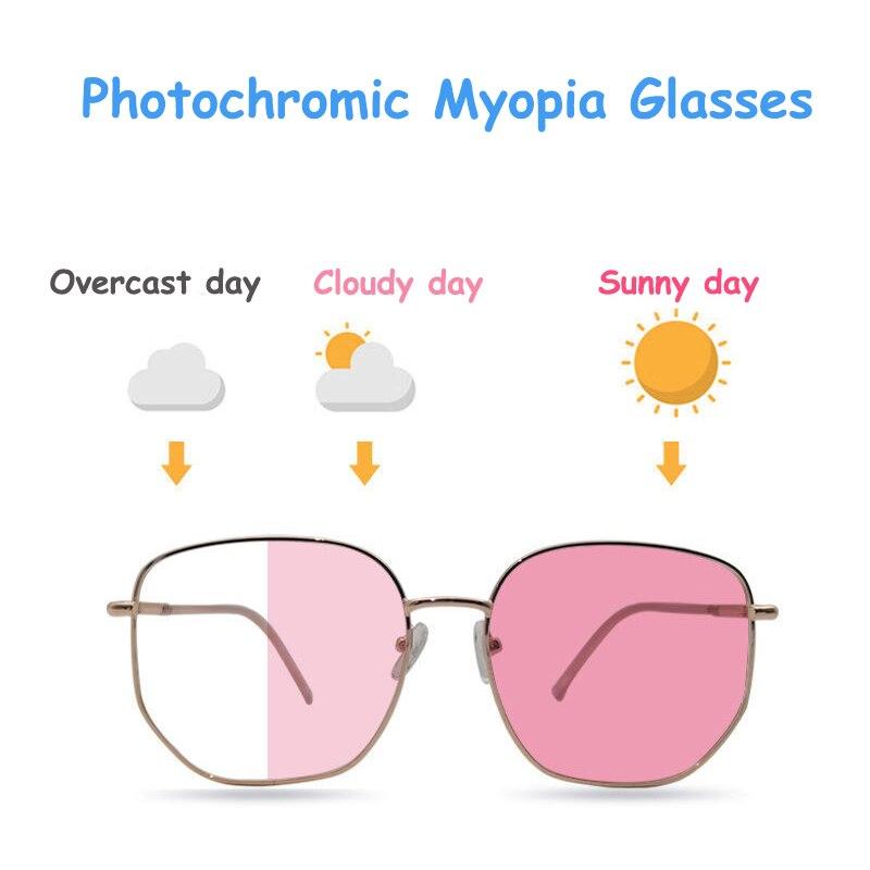 Фотохромные очки для близорукости, женские металлические оправы, фильтр синего света, УФ-защита, готовые компьютерные очки, степень от -50 до -400