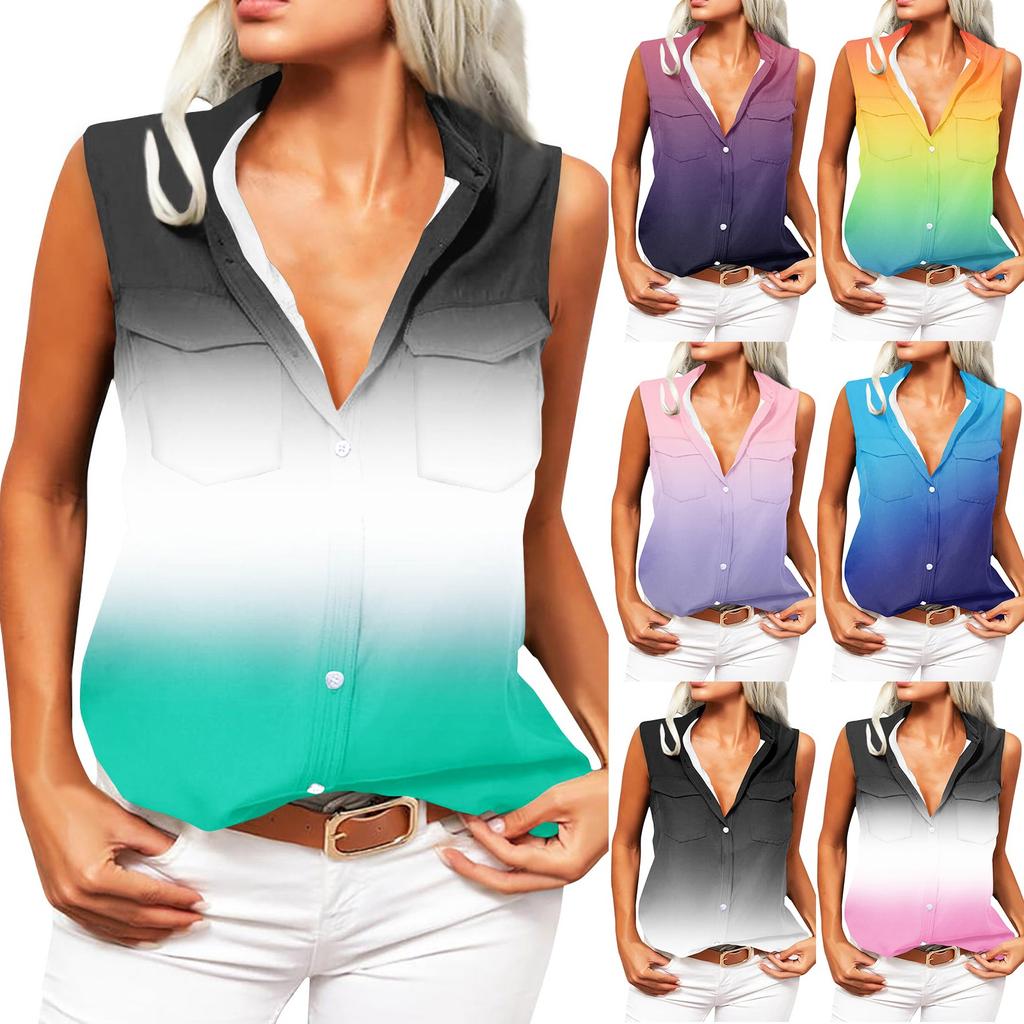 Women's Solid Lapel Sleeveless Tank Tops Summer Button Down Shirts Office Ladies Shirts