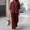 Women's Cotton Linen 2 Piece Set Casual Lapel V Neck Short Sleeve Top Wide Leg Pants Set Summer Loose Lounge Outfits