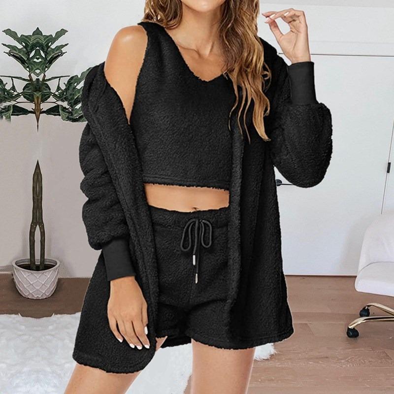 Home Wear Long Sleeved Plush Casual Three Piece Set Jacket Vest Shorts Sports Suit