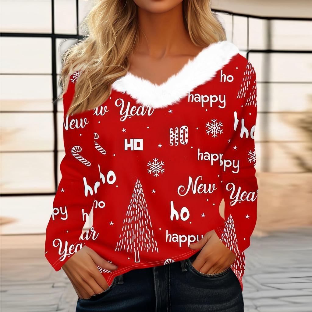 Рубашки с длинным рукавом для женщин Милые топы Рождественские принты Футболки Блузки Повседневные топы больших размеров Базовые топы Пуловеры