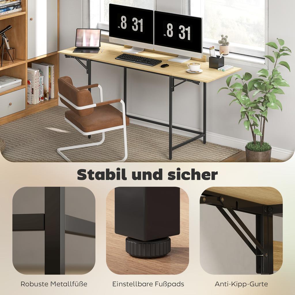 Foldable Computer Desk With 2 Pull Out Panels Ample Space For Monitors Metal Legs Sturdy Construction Oak Black
