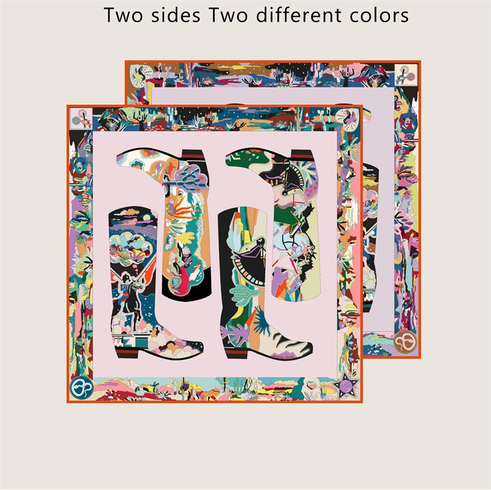 POBING Curled Twill Silk Scarf Women Leather Boots Double Side Printed Square Scarves Wraps Echarpes Foulards Femme Hijab 90CM