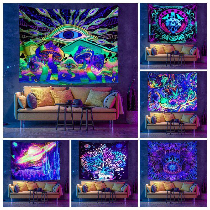 Хэллоуин Гобелен с черепом и флуоресцентным скелетом для декора комнаты в ультрафиолетовом свете