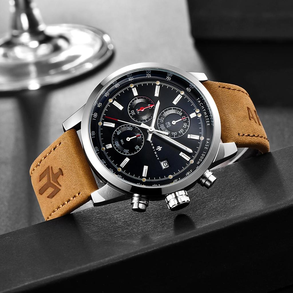 AKNIGHT Натуральная кожа Легко для ношения на руке Мужские часы для японского руководства по эксплуатации Мужские часы, модные, популярные, кварцевые, ремешок, хронограф, кристалл, см.